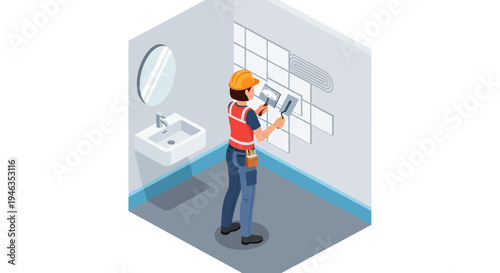 Female Tiler Installing White Wall Tiles in Bathroom, Isometric Vector Illustration of Professional Construction Worker During Home Renovation and Remodeling Process