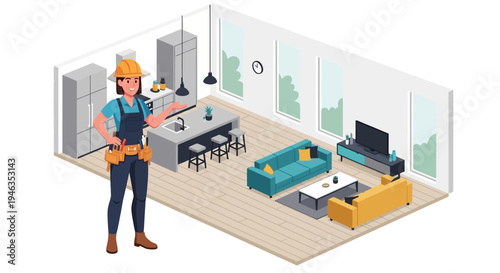 Female Contractor in Hard Hat Standing in Modern Open Plan Living Room and Kitchen Isometric Illustration