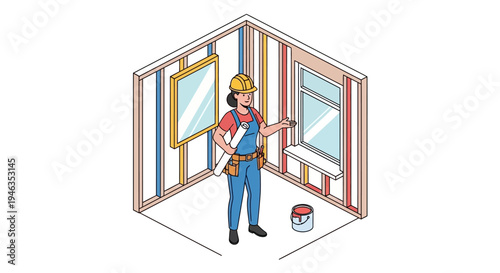 Isometric Illustration of a Female Architect or Construction Worker with Blueprints in a House Frame. Professional Woman Engineer in Hard Hat Planning Home Renovation Project.