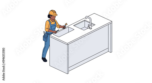 Isometric Illustration of Female Plumber Installing a Kitchen Sink, Professional Home Repair and Maintenance Concept