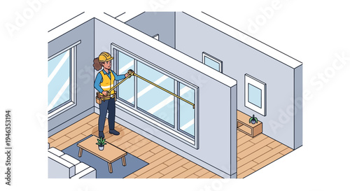 Isometric Illustration of a Female Construction Worker Measuring a Window for Home Renovation and Interior Design