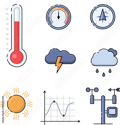 Meteorology icons set – thermometer, barometer, wind direction, lightning storm, rain cloud, sun radiation, weather chart and anemometer flat outline vector