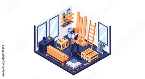 Isometric Illustration of Female Carpenter Working on Home Renovation and Interior Design