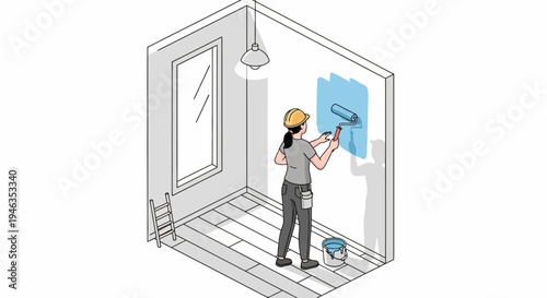 Professional Female House Painter Using a Roller to Paint Interior Wall, Home Renovation and DIY Isometric Vector Illustration