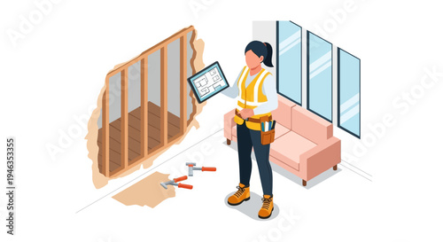 Female Engineer Inspecting Home Renovation with Digital Tablet - Isometric Illustration of Interior Construction and House Repair