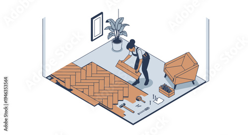 Isometric Illustration of a Professional Installing Herringbone Wood Parquet Flooring in a Living Room. Home Renovation and DIY Interior Design Concept.