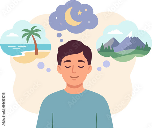 Man visualizes serene landscapes while meditating peacefully indoors