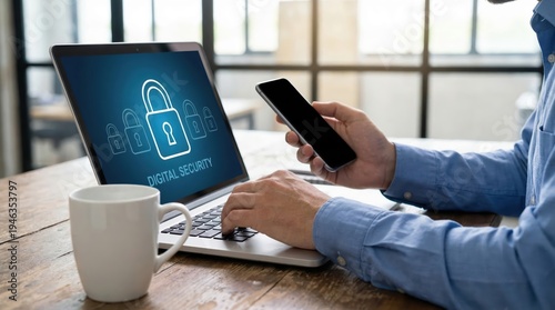 Man in blue shirt using laptop with digital security padlock on screen and holding smartphone on wooden desk with white coffee mug