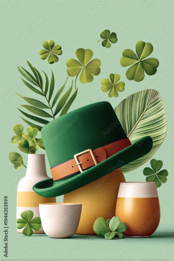 Obraz premium St. Patrick's Day background with green leprechaun hat, shamrocks and festive beer glasses