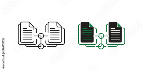 Minimal line icon of two documents linked by arrows with central node, file synchronization, document sharing, data transfer, version control, cloud storage workflow.