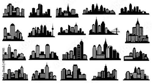 Diverse City Skylines Silhouettes Collection - Modern Urban Architecture & Cityscape Graphics