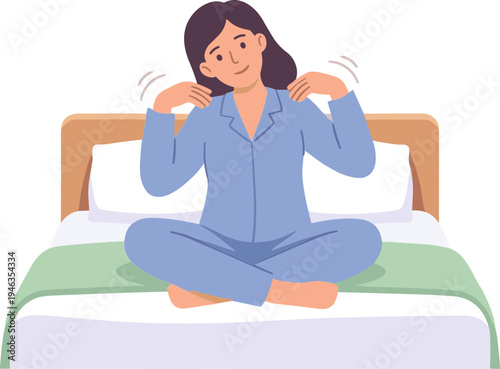 Woman sitting on a bed wearing blue pajamas and smiling