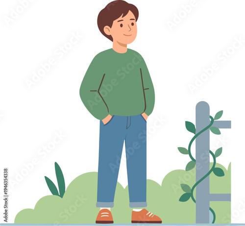 A young boy stands confidently outdoors beside a fence in a garden.