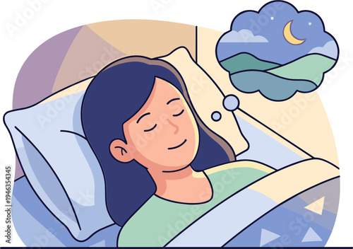 Woman sleeping peacefully in bed with a serene nighttime landscape in her thoughts.