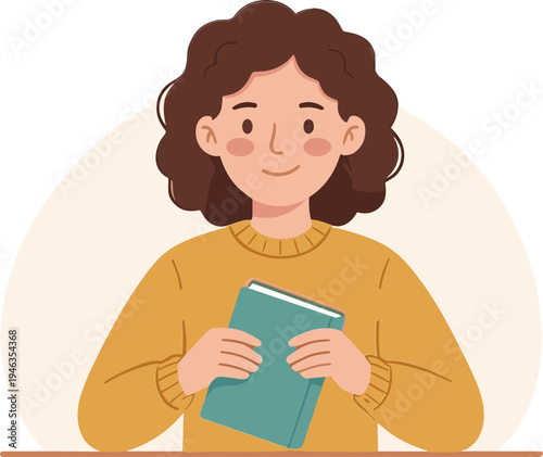 A woman holding a book smiles warmly in an indoor setting.