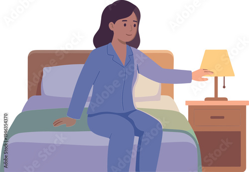 Woman sitting on bed reaching for lamp on nightstand