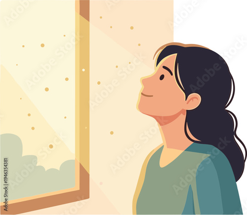 Woman looks out window at night sky with stars shining brightly