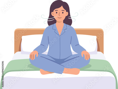 Woman meditates peacefully on bed in morning