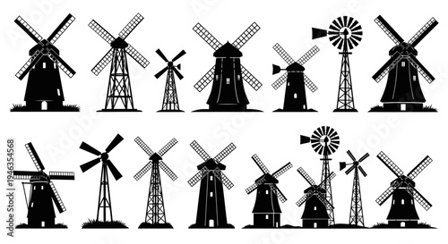 Collection of Vintage Windmill Silhouettes: Traditional and Modern Designs