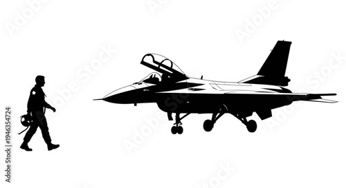 Military Air Force Fighter Pilot Silhouette Walking Toward Jet Aircraft