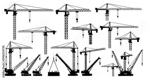 Construction Crane Collection: Diverse Tower and Mobile Cranes Silhouettes on White Background