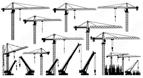 Construction Site Crane Collection: Diverse Tower and Mobile Cranes Silhouette