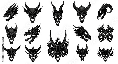 Dark Fantasy Dragon Skulls, Demonic Monster Heads, Gothic Horror Art Collection