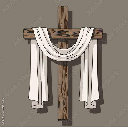 Hand drawn vector style illustration of a wooden Christian cross draped with a white cloth for Easter and Lent.