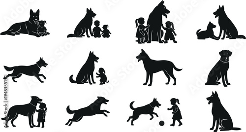 Silhouettes of dogs interacting with children in playful and affectionate scenes including sitting, running, leaping, and playing ball, symbolizing companionship, joy, and family bond illustration