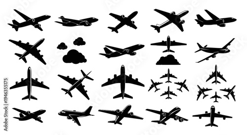 Diverse Airplane Silhouettes Collection: Commercial Jets, Cargo Planes, and Fighter Jets