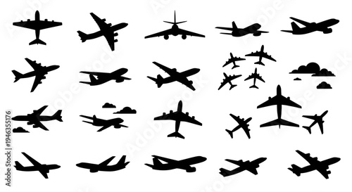 Diverse Airplane Silhouettes Collection: Commercial, Jet, Propeller, and Cargo Aircraft