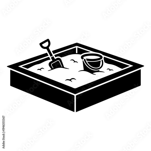 Sandbox with bucket and shovel for children's outdoor play, a simple and clean illustration