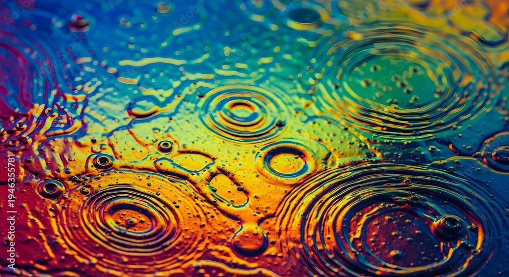 Obraz premium Vibrant ripples on water surface captured from above, showcasing colorful circles, movement and serene atmosphere in a natural pond