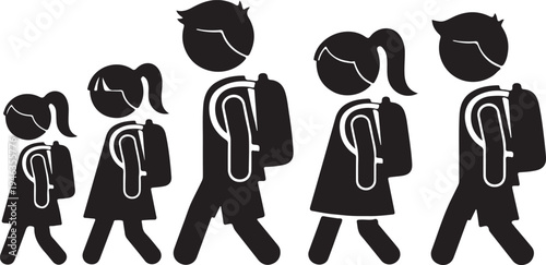 Print A black and white icon illustration showing a group of young children walking with their backpacks