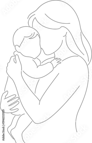 Minimalist line art illustration of a loving mother gently holding her precious newborn baby, symbolizing maternal bond and tender care.