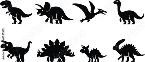 Black dinosaur silhouettes collection featuring Tyrannosaurus, Triceratops, Pterodactyl, Brachiosaurus, Stegosaurus, Parasaurolophus, prehistoric animal poses for vector design illustration