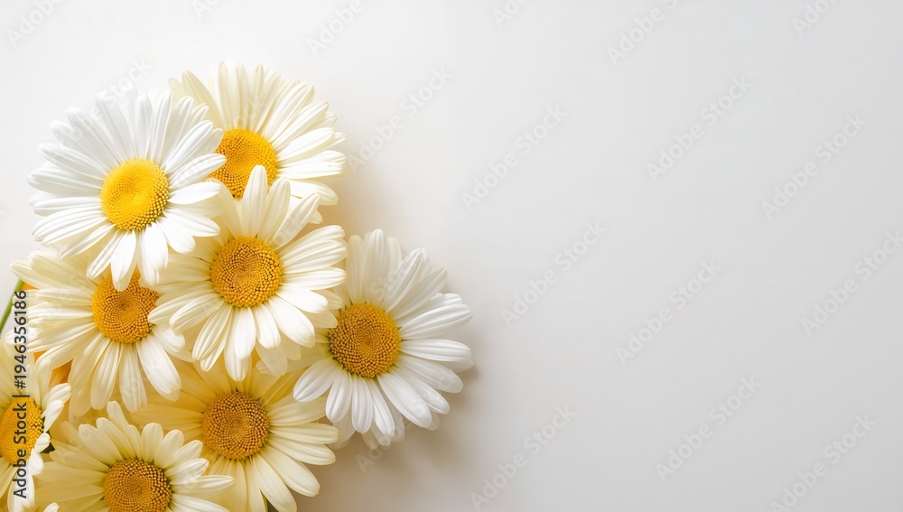 Obraz premium A delicate bouquet of fresh white daisies with yellow centers on a clean white background, evoking a sense of purity and simplicity in nature's beauty