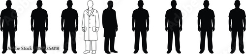 Human silhouettes lineup with central doctor figure in lab coat highlighting medical professional concept for healthcare vector illustration design