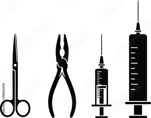 Medical instrument silhouettes featuring surgical scissors, pliers, and syringes in black vector design for healthcare illustration, education, and design content