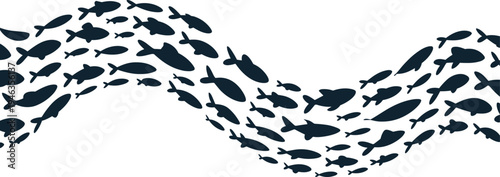 School of fish silhouettes swimming in wave formation, marine life vector illustration showing ocean wildlife movement and aquatic ecosystem design