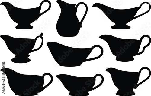 Gravy boat silhouettes collection, sauce boat and pitcher shapes set, kitchen tableware vector icons, black gravy server illustration
