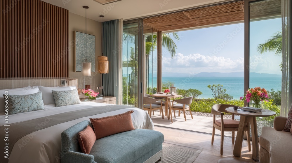 Obraz premium Serene Beachfront Hotel Room with Modern Decor and Stunning Ocean View Through Glass Doors