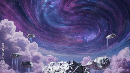 Surreal Cosmic Landscape with Floating Crystalline Structures and Nebulous Sky.