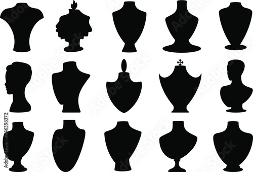Jewelry display mannequin silhouettes collection, necklace bust stand shapes set, fashion accessory display vector icons, black jewelry holder illustration