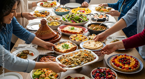 Top view of many people reaching for different types of food including salad, pasta, bread, and tart during a large communal dinner