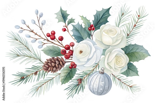 Watercolor Winter Botanical Composition - Pine Branches Holly Berries White Roses and Silver Ornaments