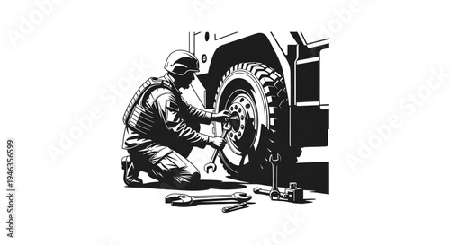 Military Mechanic Silhouette Repairing Heavy Vehicle Wheel with Tools