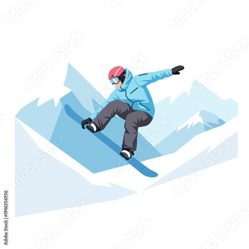 Snowboarder jumping in the air with snowy mountains background