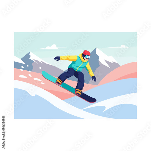 Snowboarder jumping down a snowy mountain slope, winter extreme sports, flat illustration