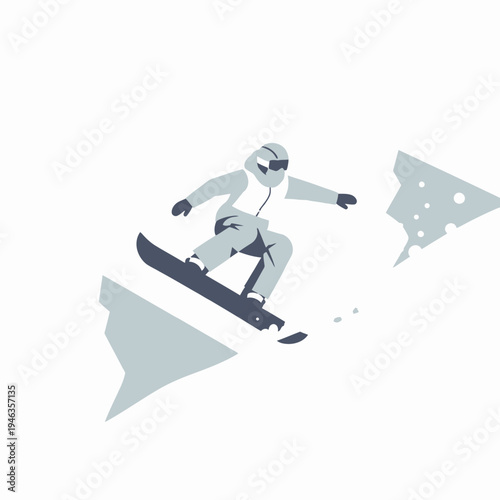 Snowboarder jumps over obstacles in a minimalist, flat design style